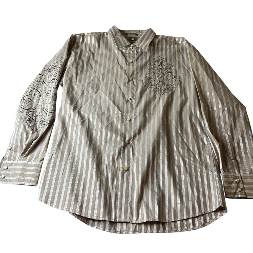 Lamasini Jeans Mens XL Striped Embroidered Long Sleeve Button Up Shirt